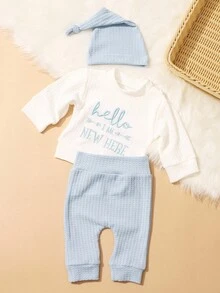SHEIN HELLO Letter Embroidered Newborn Photography Outfit, Baby Boys/Girls Top, Pants, Hat 3pcs Set, Infant 1 Month To 100 Days Studio Photo Prop Clothing Fall Winter