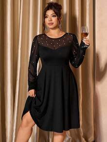 Cravure Abito elegante e aderente da donna taglie forti, con perline e colori a contrasto, abito da sera con patch in rete e vita stretta per feste e serate - nero - Visualizzare 5