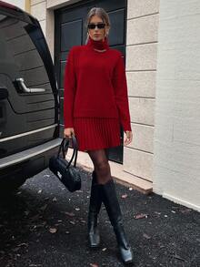 EMERY ROSE 2pcs Women Grey Turtleneck Knit Sweater Set - Red - View 7