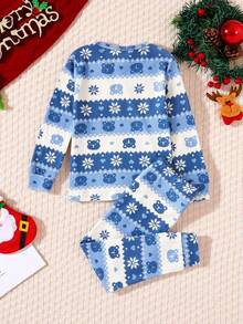 Young Boy Short Sleeve Top & Pants Snug Fit Pajama Set, Christmas Gift Fall Winter - Blue - View 2