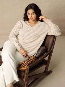 Juhart Spring/Autumn V-Neck Ribbed Patchwork Sleeve Hollow Lace Trim Plus Size Women T-Shirt