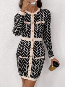 SHEIN Clasi 女式圆领针织弹力修身长袖黑色格子几何图案撞色金属纽扣优雅日常休闲通勤迷你连衣裙，秋冬