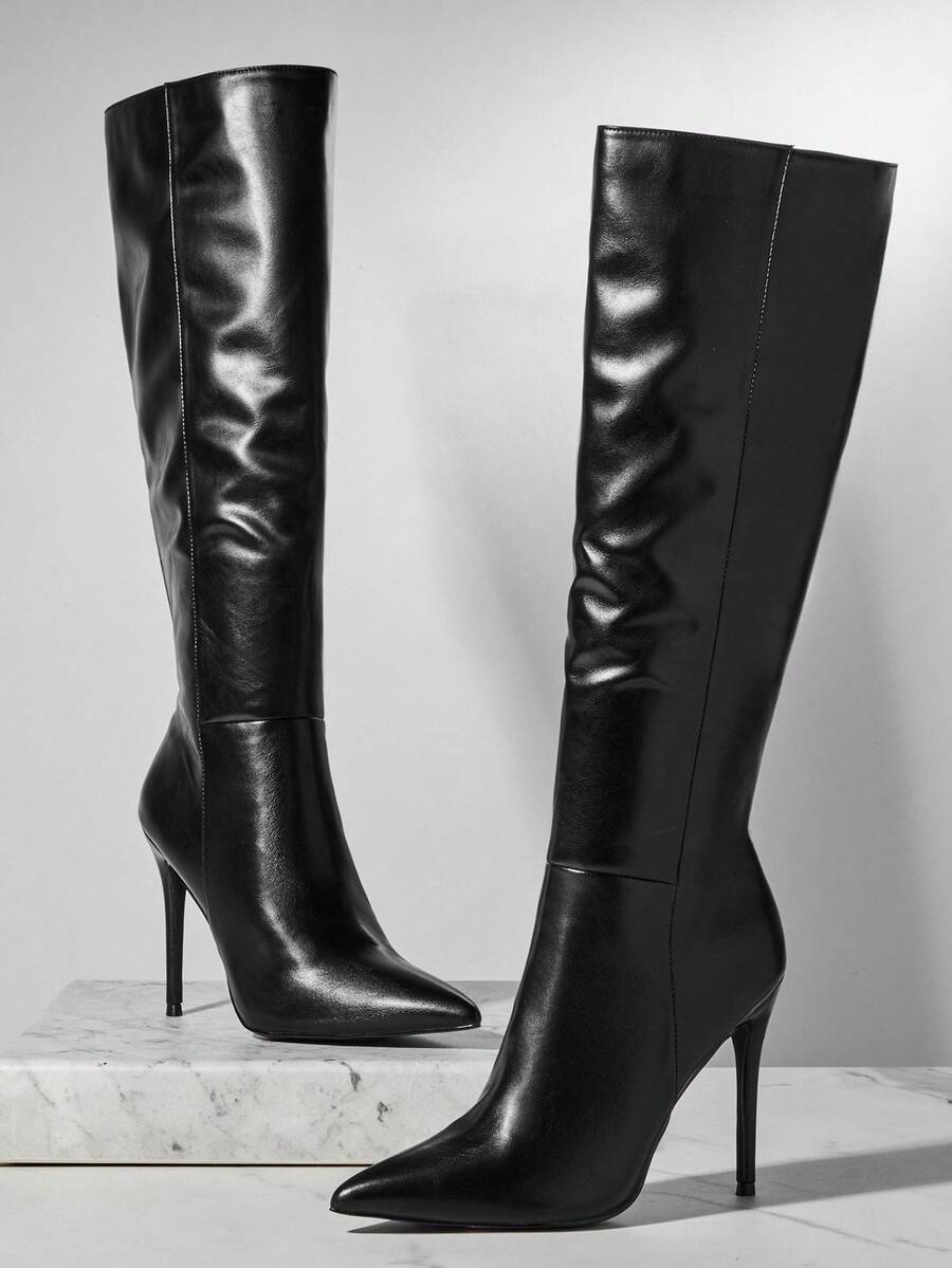 SHUZIA 女士迷人性感尖头细高跟靴，黑色 - 黑色 - 查看 1