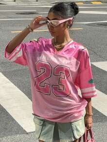 Muchica Women's New V-Neck Casual Sporty Letter & Graphic Patchwork Oversized Loose Tee T-Shirt, Pink