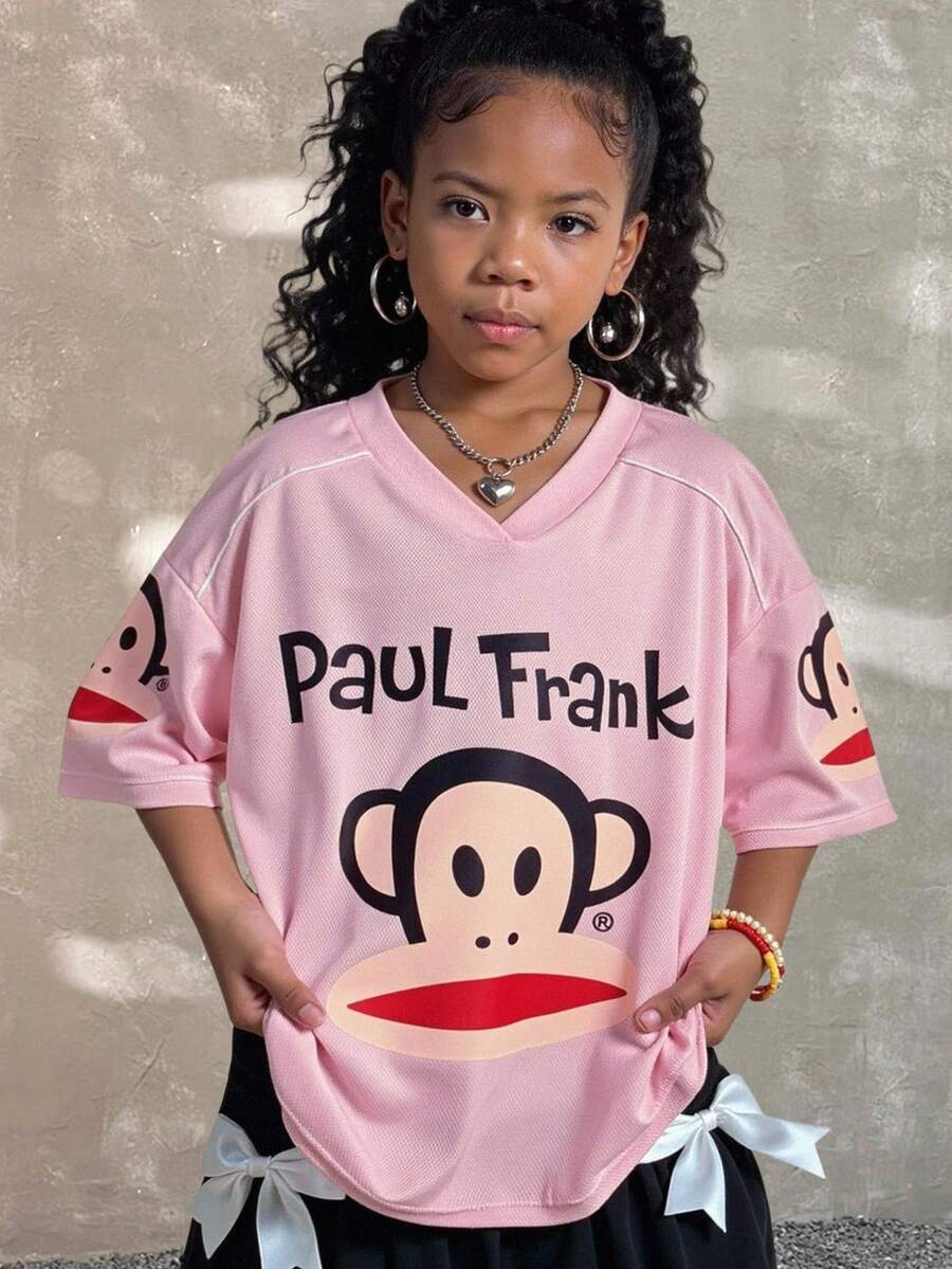Paul Frank X SHEIN Camiseta de jersey con cuello en V y estampado de mono para niña preadolescente, camiseta con estampado animal de otoño - Rosa - Ver 1
