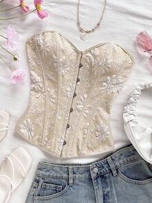 Soleia 女士复古宫廷风格彩色花卉提花印花抹胸短款上衣，配有纽扣和后系带 - 杏色 - 查看 4