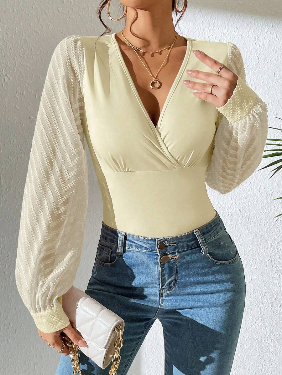 EMERY ROSE Women's Overlap V-Neck Long Sleeve Fitted Fashionable Blouse - Light Yellow - View 1