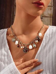 Glisma 1 pieza Collar con colgante de gota de agua estilo vintage chapado en oro de 18K con perla falsa para mujeres