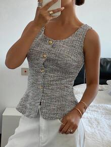 Livesso 春季新款法式方领收腰无袖女式上衣，显瘦格子图案