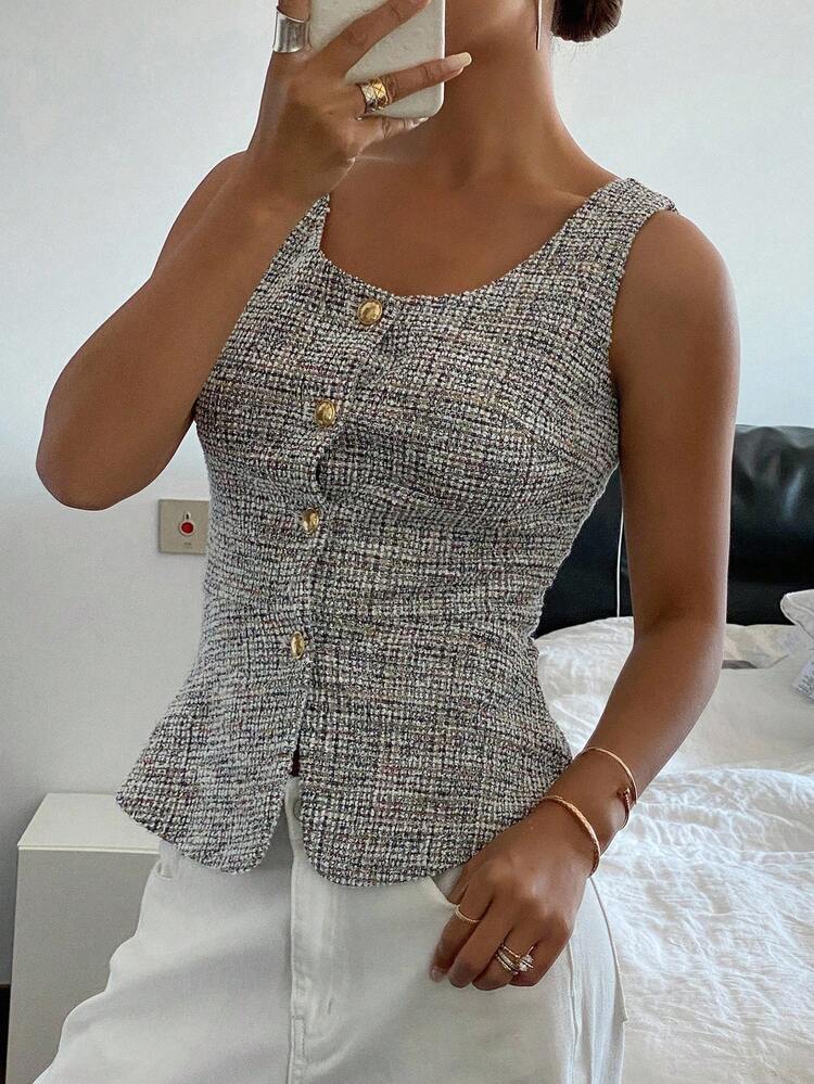 Spring New French Style Square Neck Waist Cinched Sleeveless Top For Women, Slimming Plaid