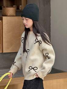 Dazy Kids Flicktröja med rund hals, fjärilsmönster och långärmad, höst - Beige - Visa 5