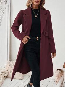 SHEIN 平领纯色口袋优雅系带长袖外套 - 酒紅色 - 查看 6