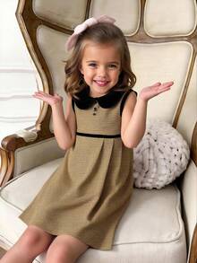 PrepCrw 1 件年轻女孩优雅学院风休闲都市可爱黑领黑黄千鸟格无袖连衣裙，适合外出、聚会、返校、秋冬 - 彩色 - 查看 1