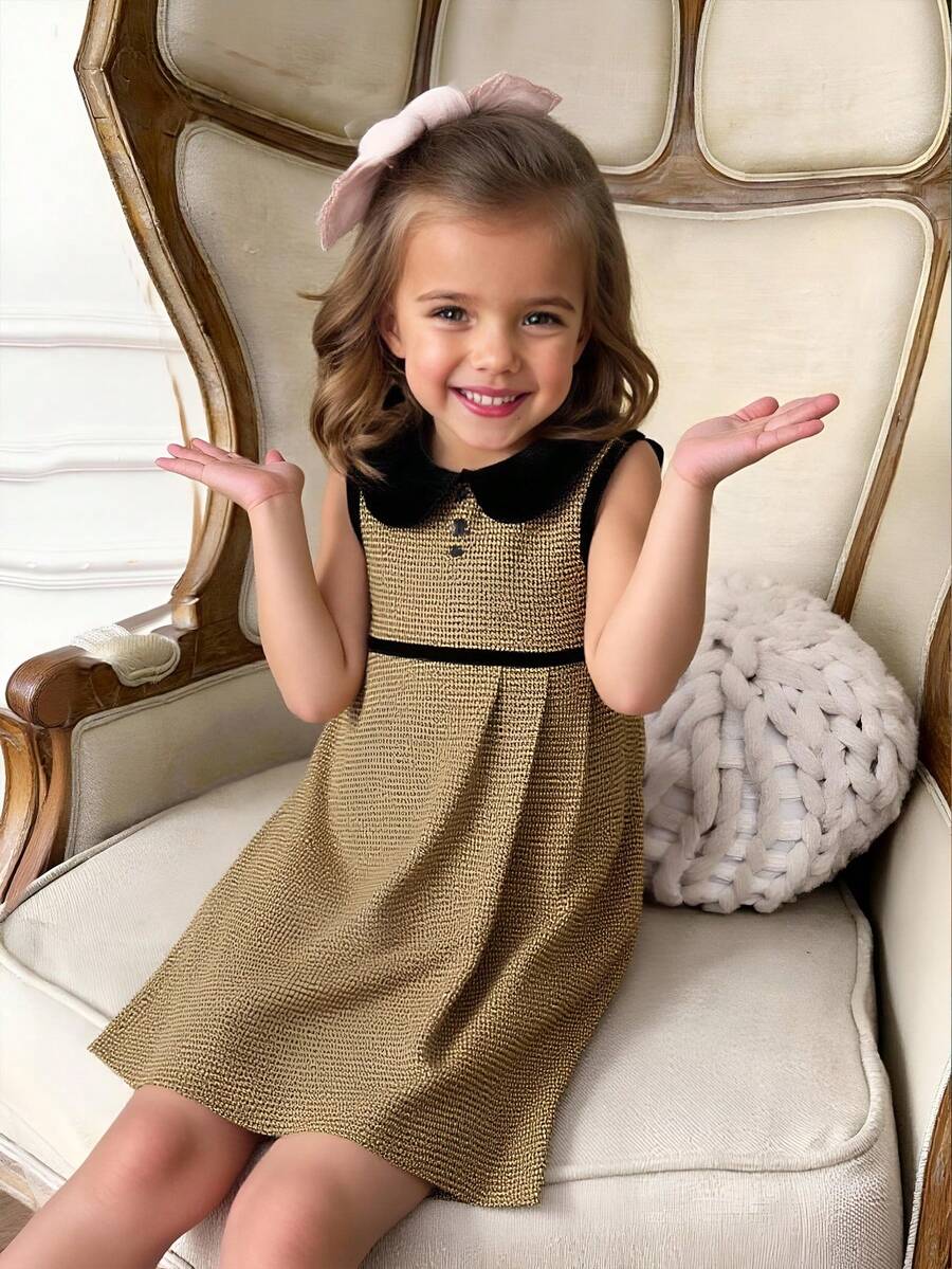 PrepCrw 1 件年轻女孩优雅学院风休闲都市可爱黑领黑黄千鸟格无袖连衣裙，适合外出、聚会、返校、秋冬 - 彩色 - 查看 1