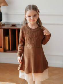 Young Girl Elegant Mesh Patchwork Knit Dress, Autumn/Winter Fall - Brown - View 6