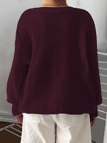 Elenzga Sweater Pullover Kasual Lengan Panjang Leher Bulat Bahu Longgar Motif Kabel Ukuran Besar untuk Wanita, Musim Gugur/Dingin - Burgundy - View 2