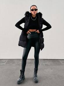 EURMUSE Padded Vest With Furry Hood And Adjustable Waist, Two Side Pockets, Thick And Fashionable Puffer Jacket, Quilting Details - Black - View 9