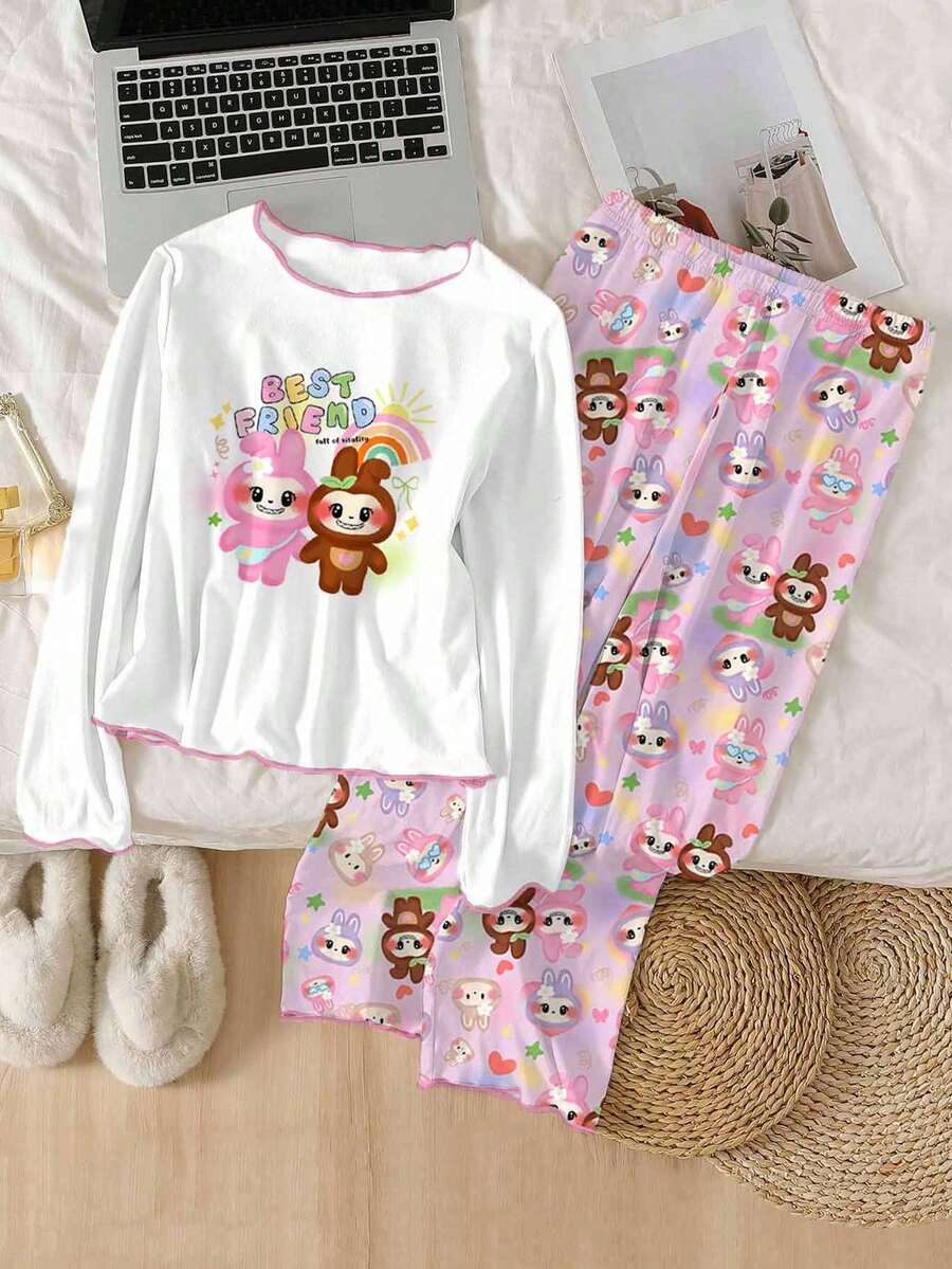 Genkimix Kids Tween Girls 2pcs Pajama Set, Cute Rabbit Print White T-Shirt With Ruffle Collar And Loose Rabbit Print Pants, Autumn Girl Pjs Sets - White - View 1