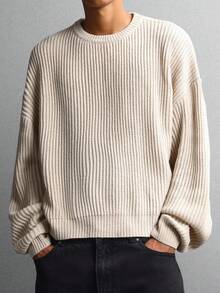 SUMWON Chunky Ribbed Knit Sweater Drop Shoulder Pullover Boyfriend Style Casual Winter Texture Oversized Long Sleeve Fashion Basic Knitwear Plain - Khaki - View 1