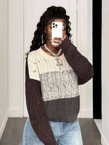 BamGleam Damen Oversized Rundhalsausschnitt Patchwork Strickpullover, Coffee Farbblock Lässig Retro Streetstyle Pullover