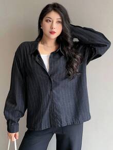 Dazy Plus 翻领条纹宽松短袖黑色休闲衬衫 - 藏蓝色 - 查看 6