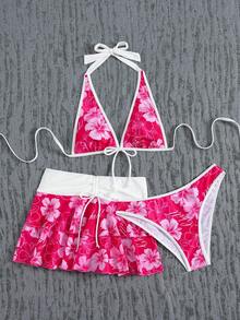 Bellisia Conjunto de biquíni feminino de 3 peças, estampa floral, saia halter, estilo casual para férias, praia, festival de música, verão