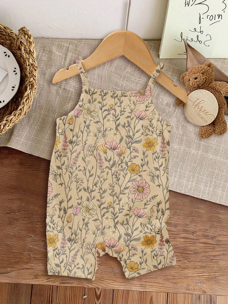 SHEIN LMoss Kids 可愛波西米亞碎花女嬰連身褲 米色 夏季 莊重 度假休閒 秋季穿搭 舒適好穿 時尚圖案服飾 返校季 - 彩色 - 查看 1