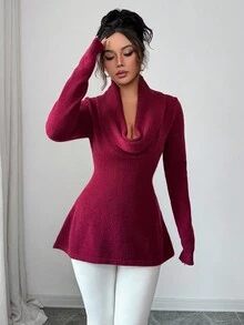 Elenzga 女士秋冬休闲复古套头毛衣，优雅百搭，适合外出、约会、工作、上学、度假等场合 - 酒紅色 - 查看 1