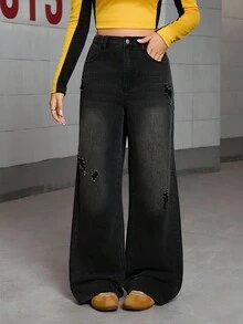 Quần jeans ống đứng rách ống rộng màu đen và xám mới giặt cho bé gái tuổi teen, quần ống rộng thời trang thường ngày, đa năng và ôm sát, thích hợp mặc ngoài trời - màu đen - Xem 6