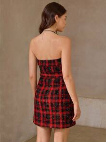 Wildy 女士时尚格子印花抹胸迷你连衣裙 - 酒紅色 - 查看 5