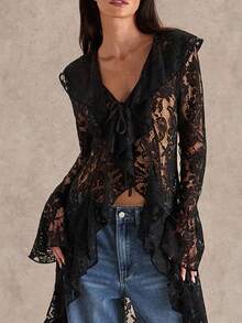 Glamine 春夏浪漫度假荷叶边优雅蕾丝透视女长款薄外套西装女蕾丝外套蕾丝女万圣节蕾丝上衣秋冬女装外套 - 黑色 - 查看 4