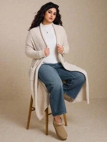 Elaquor Áo khoác len cardigan dài màu trơn cỡ lớn dành cho nữ, dày và ấm áp cho mùa thu/đông - Xám - Xem 7