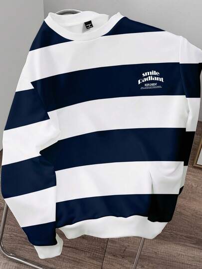 Manfinity Joysei Men's Casual Striped & Slogan Print Dropped Shoulder Loose Pullover Sweatshirt, Suitable For Spring And Autumn Daily Commute And School