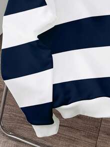 Claim Dot 男士休闲条纹标语印花落肩宽松套头卫衣，适合春秋季日常通勤和上学穿着，长袖上衣