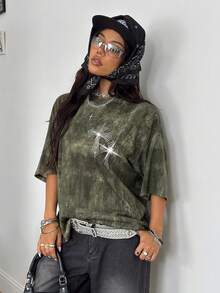 Coolane Women's All-Season Concert Rave Streetwear Vintage Concert Music Festival Y2K Diamond Pattern Sparkly Long Tees - Army Green - View 4