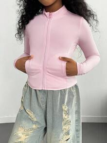 Tween Girl Fitted Waist Casual Pink Jacket Fall Winter - Pink - View 3