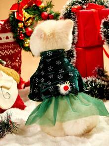 PETSIN 1pc Christmas Green Velvet Pet Dress – Snowflake & Silver Foil Splice, Mesh Bow Tie, Deer Decor, Luxurious Holiday Dog Outfit - Multicolor - View 1