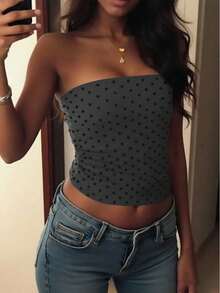 INAWLY Women's Polka Dot Print Cropped Fitted Fashionable Bandeau Top - Dark Grey - View 4