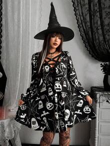 Whyspr Halloween Plus Size Women's Criss-Cross Straps Regular-Shoulder Lantern Sleeve Punk Style Skull Print Dress Fall Cloth For Women - Multicolor - View 4