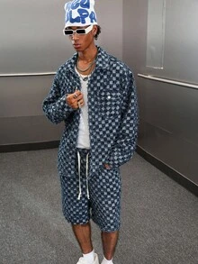 PAVTROS 男士格纹长袖夹克和抽绳腰短裤休闲牛仔套装，秋季 - 藍色 - 查看 8