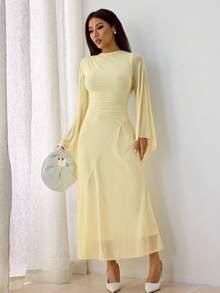 SHEIN PETITE Robe élégante à col asymétrique drapé, ourlet asymétrique, manches évasées, version premium améliorée, couleur jaune bouton d'or - Jaune citron - Voir 5