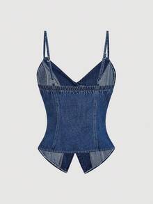 Selenza 女款 Y2K 金属单排扣休闲牛仔吊带背心 - 藍色 - 查看 2