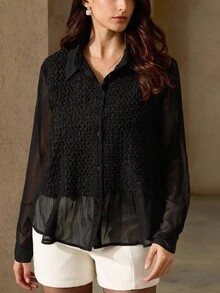 Revavyn Women's Vintage French Style Ruched Patchwork Blouse, Unique Design, Lightweight Sheer Protection Collared Button-Up Long Sleeve Shirt, Spring/Summer - Black - View 5