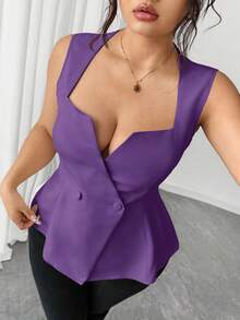Elenzga Plus Size Women's Notched Deep V-Neck Button Elegant Fitted Blouse - Purple - View 5