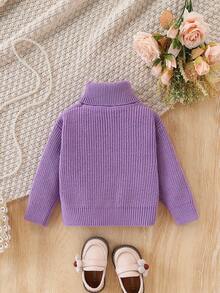 SHEIN Vintaside Kids 女婴简约舒适纯色高领毛衣，秋冬季婴儿高领淡紫色上衣，婴儿纯色针织毛衣，女婴冬季毛衣，冬季圣诞节万圣节毛衣，秋季套头衫 - 淡紫色 - 查看 2