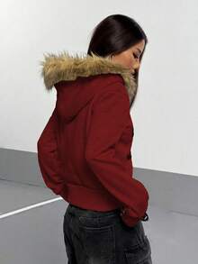 StreetHx 女式灰色保暖内衬黑色涂鸦字母印花渐变色毛领修身短款连帽卫衣，秋冬 - 酒紅色 - 查看 2