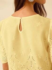 Women's Vacation Casual Water-Soluble Lace Hollow, Shoulder Ruched Cropped Top - Yellow - View 6