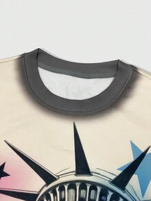 ROMWE MEN Street Life 男士休闲肖像图案撞色饰边喇叭袖 T 恤，秋季 - 彩色 - 查看 3