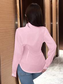 SHEIN LUNE 女士纯色不对称下摆交叉裹身优雅长袖女式衬衫 - 粉色 - 查看 2