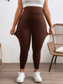 Plussiva 纯色可调节腰围孕妇紧身裤 - 棕色 - 查看 4